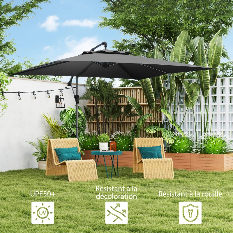 Outsunny Parasol déporté carré 3 x 3 m avec manivelle, base croisée, parasol inclinable rotation à 360° toile 180 g/m² gris foncé