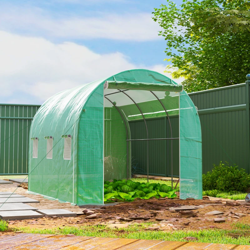 Outsunny Serre tunnel de jardin 6 m² 3 x 2 m avec 1 porte + 2 parois latérales zippées enroulables, 6 fenêtres, vert