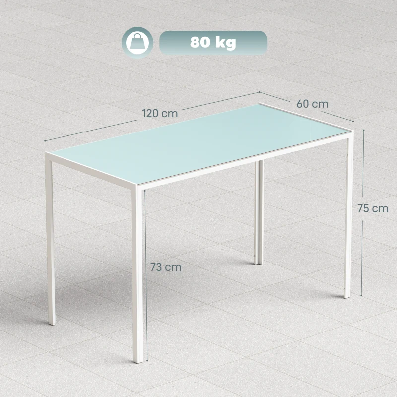 HOMCOM Table à manger pour 4 personnes, table de cuisine avec plateau en verre trempé et pieds en métal, 120x60x75cm, blanc
