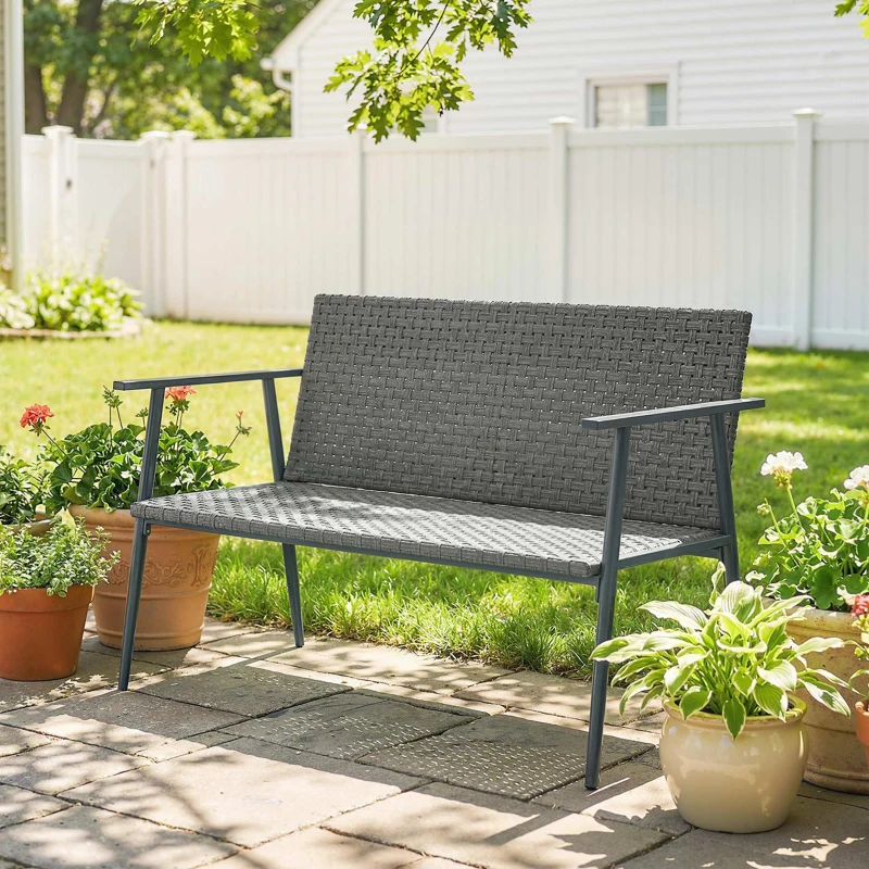 Outsunny Bancă de grădină 2 locuri din rășină împletită și oțel, cu cotiere, spătare și picioare reglabile, 110x58x78cm, gri