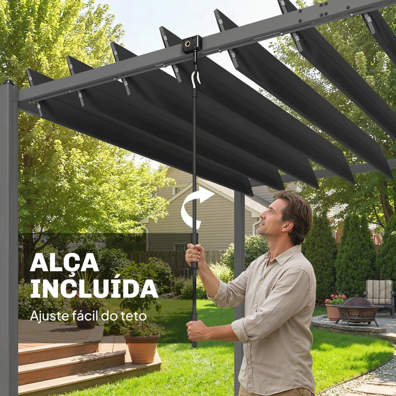 Outsunny Pérgola de Jardim 3x5,7 m com Teto de Lamas Ajustável a 90° Manivela Estrutura de Alumínio UPF50+ Cinzento Escuro