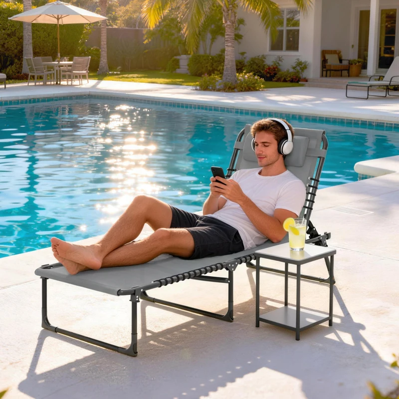 Outsunny Bain de Soleil transat Pliable Dossier inclinable Multi-Positions Acier thermoplastique Lacets élastiques Noir textilène Gris