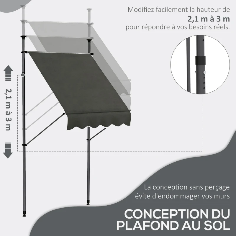 Outsunny Store banne autoportant manuel rétractable 1,5L x 1,2l x 2,1-3H m inclinaison réglable métal alu polyester gris foncé