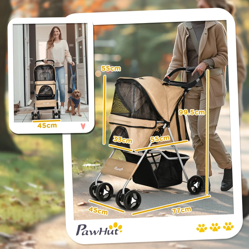 PawHut Passeggino per Cani Taglia Piccola e Mini Pieghevole con Cestino e Portabicchiere, 77x45x99.5 cm, Caffè