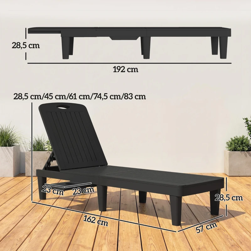 Outsunny Conjunto de 2 Tumbonas Reclinables de Plástico PP con Bandeja Lateral Respaldo Ajustable 5 Niveles 192x57x28,5 cm Negro