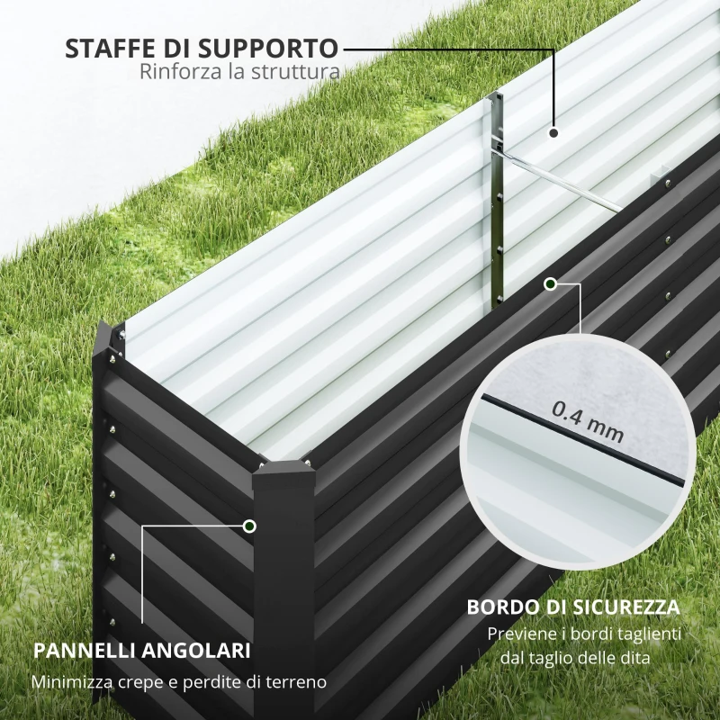 Outsunny Cassone per orto rialzato in acciaio zincato barre di supporto e piastre angolari fondo aperto 240 x 40 x 45 cm grigio scuro