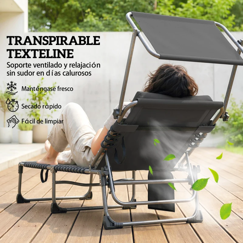 Outsunny Set de 2 Tumbonas Plegables con Reposacabezas Parasol Bolsillo Lateral y Respaldo Reclinable en 5 Posiciones Negro