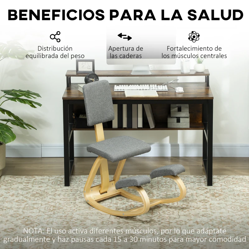 HOMCOM Silla Ergonómica de Rodillas con Respaldo Cojines Acolchados Marco de Madera para una Mejor Postura Oficina Gris