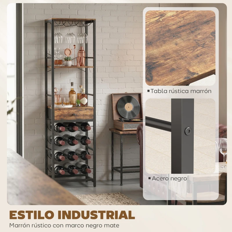 HOMCOM Mueble de Bar para Vinos con Soporte de Copas y Cajón Botellero para 12 Botellas con Estante Abierto Marrón Rústico