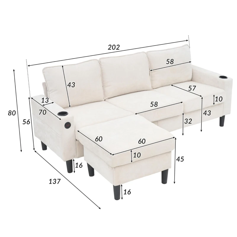 Divano letto angolare a 3 posti con 2 portabicchieri, 3 porte USB e tasche laterali, 202x137x80 cm, Beige