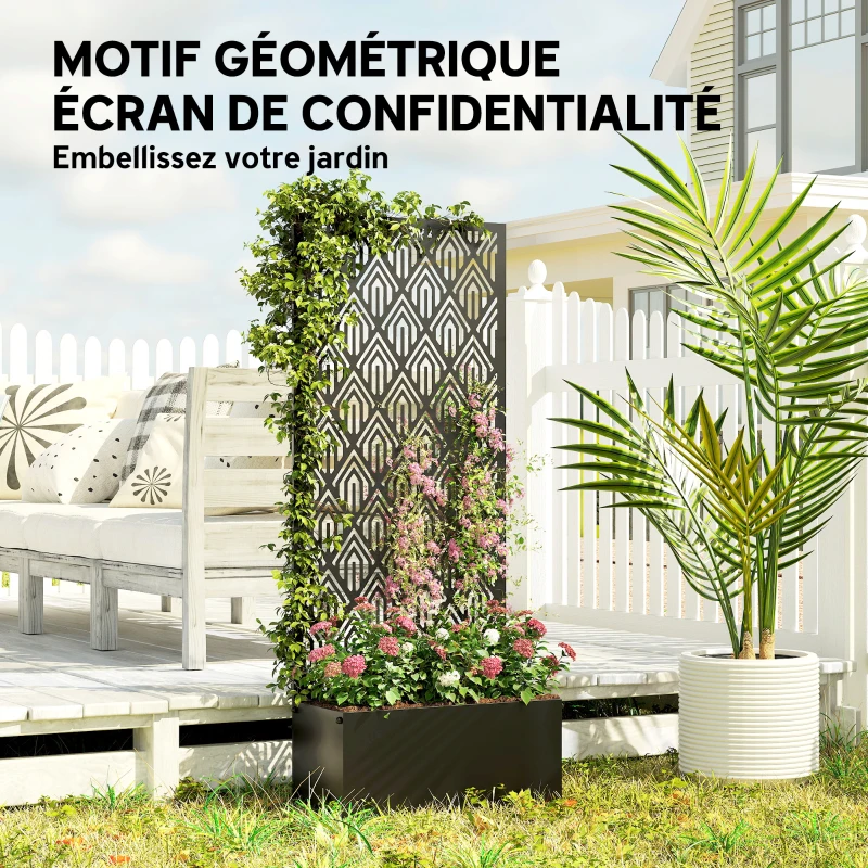 Outsunny Jardinière avec treillis, bac à fleurs, avec brise-vue, pour plantes grimpantes, métal, 45 x 21,5 x 110 cm, noir