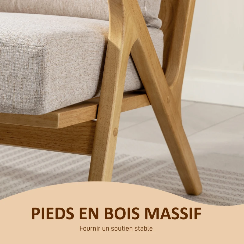 HOMCOM Fauteuil salon, fauteuil scandinave en tissu effet lin, coussins rembourrée et pieds en bois d'hévéa, 76x87x88cm, beige
