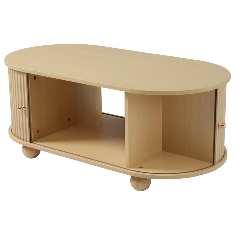 Table basse ovale avec rangement et portes coulissantes, 100x50x40 cm, Couleur naturelle