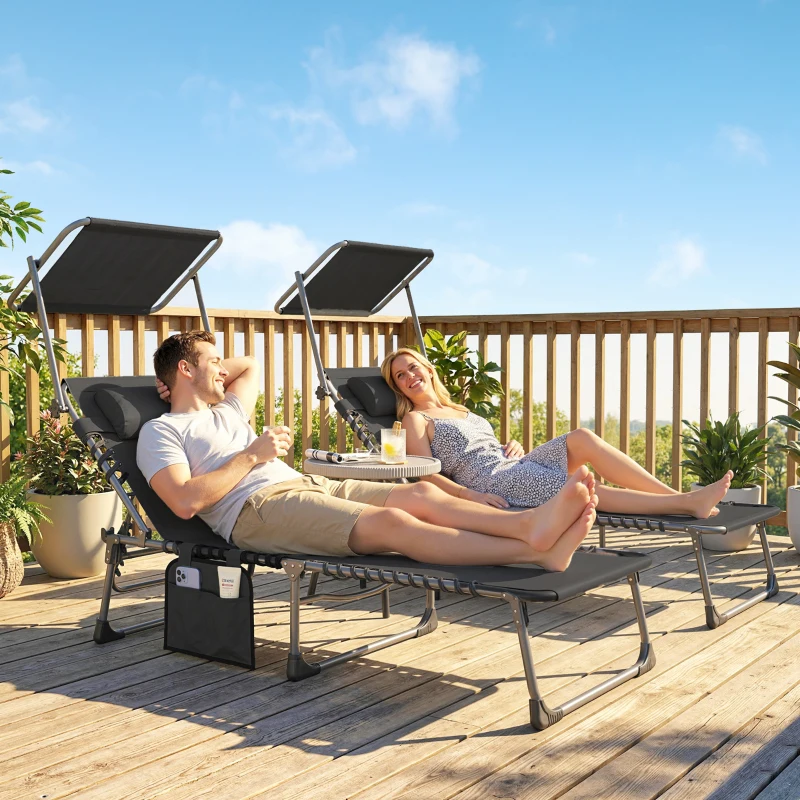 Outsunny Conjunto de 2 Espreguiçadeiras Jardim Dobráveis com Encosto Reclinável 5 Posições e Assento em Malha Preto