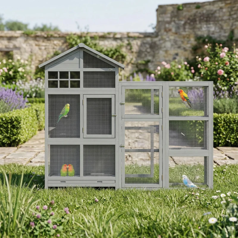 PawHut Voladera de madera con 6 posaderos compartimento cajón extraíble cuencos de acero inoxidable 196x60x164,5cm Gris