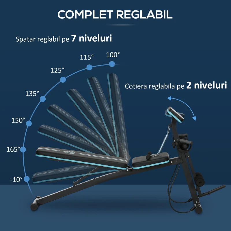 HOMCOM Bancă Multifuncțională Pliabilă cu Spătar Reglabil pe 7 Niveluri, Extensie pentru Picioare, Pernuțe și Benzi Elastice, Albastră