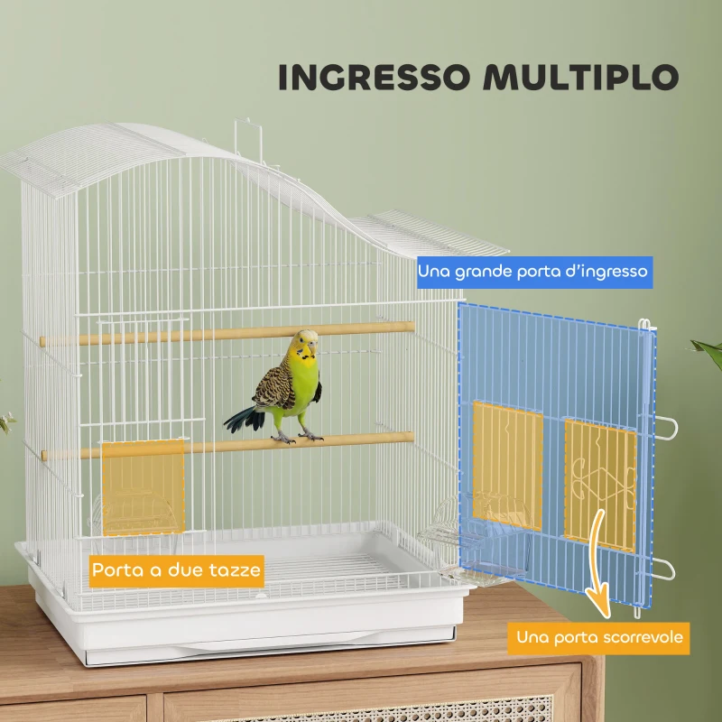 PawHut Gabbia per Uccelli a 4 Porte con 2 Ciotole, 2 Posatoi e Vassoio, in Metallo e Plastica, 47.5x36x54.5 cm, Bianco