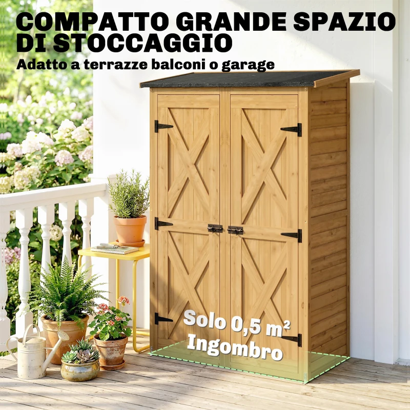 Outsunny Capanno Legno Marrone, Ripostiglio Attrezzi con 2 Ripiani