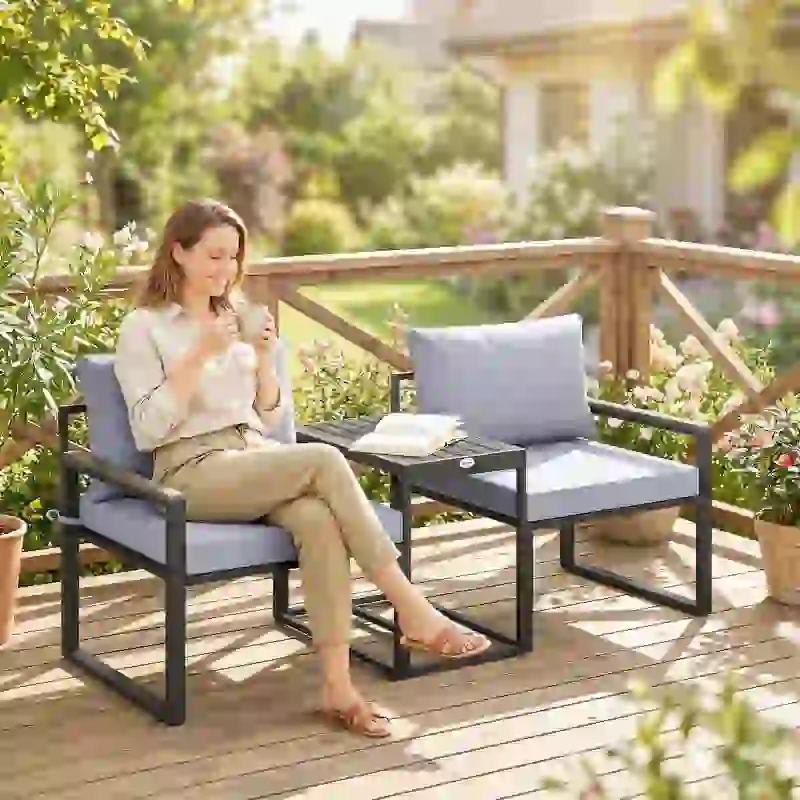 Outsunny Set Bistro Grădină 3 Piese pentru 2 Persoane, Masă și Scaune Exterior cu Șezut Textilen și Perne, Gri