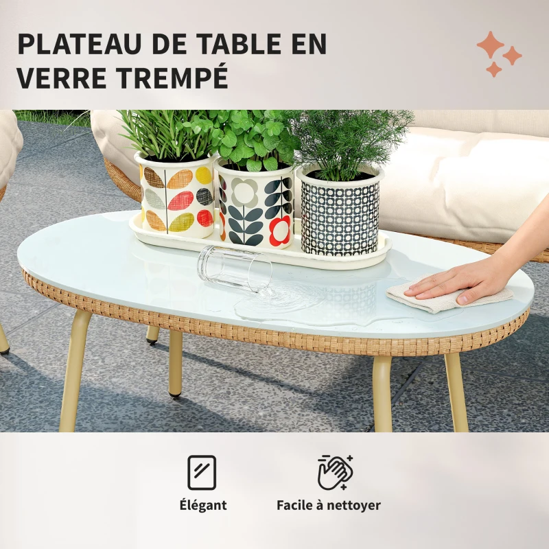 Outsunny Salon de Jardin 4 Pièces en Résine Tressée Coussin 12 cm Ultra Épais Canapé 138 cm 2 Fauteuils et Table Basse Beige