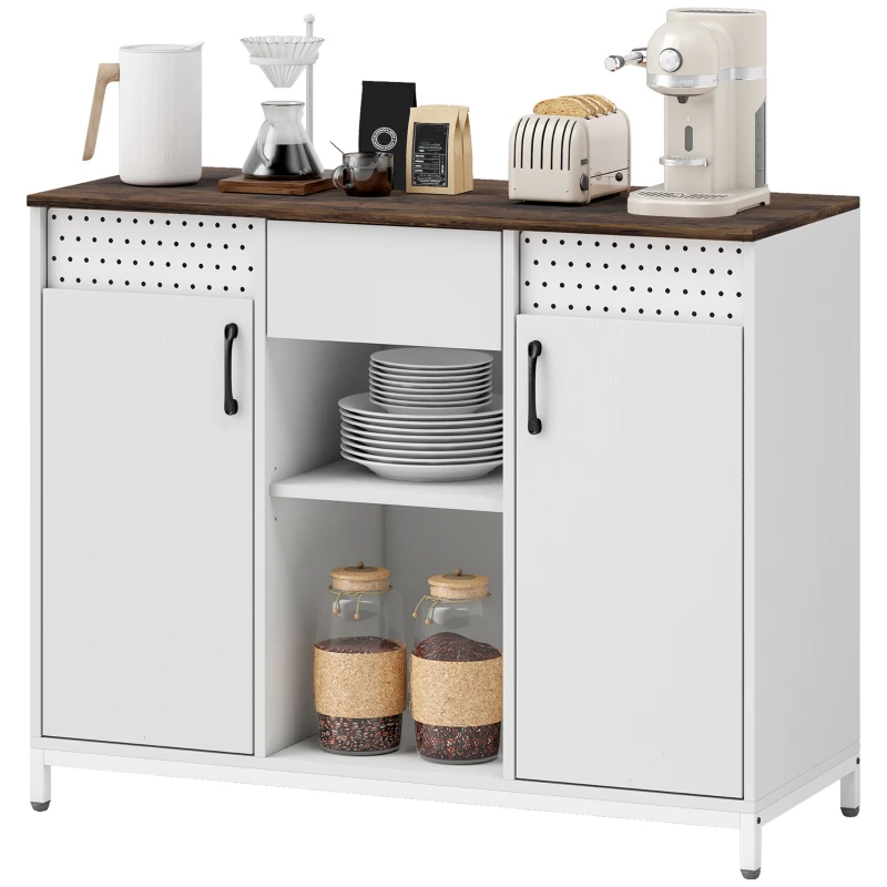 HOMCOM Aparador para Salón con 2 Puertas con Orificios Cajón Compartimentos Abiertos Estantes Ajustables 100x40x80 cm Blanco