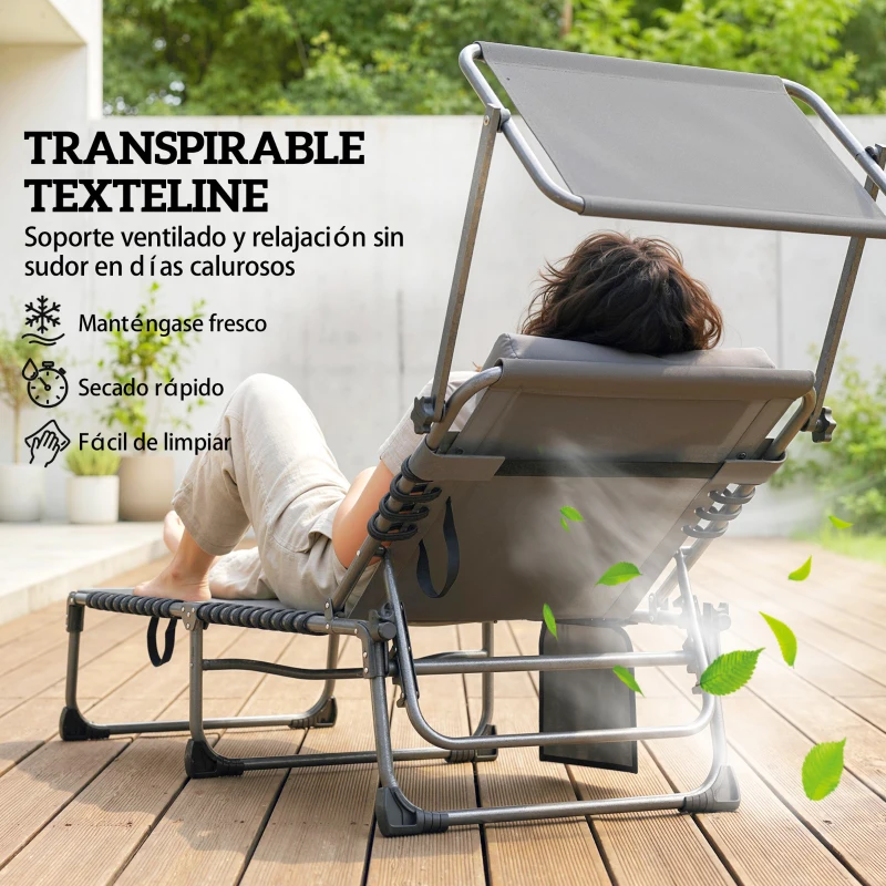 Outsunny Set de 2 Tumbonas Plegables con Reposacabezas Parasol Bolsillo Lateral y Respaldo Reclinable en 5 Posiciones Gris