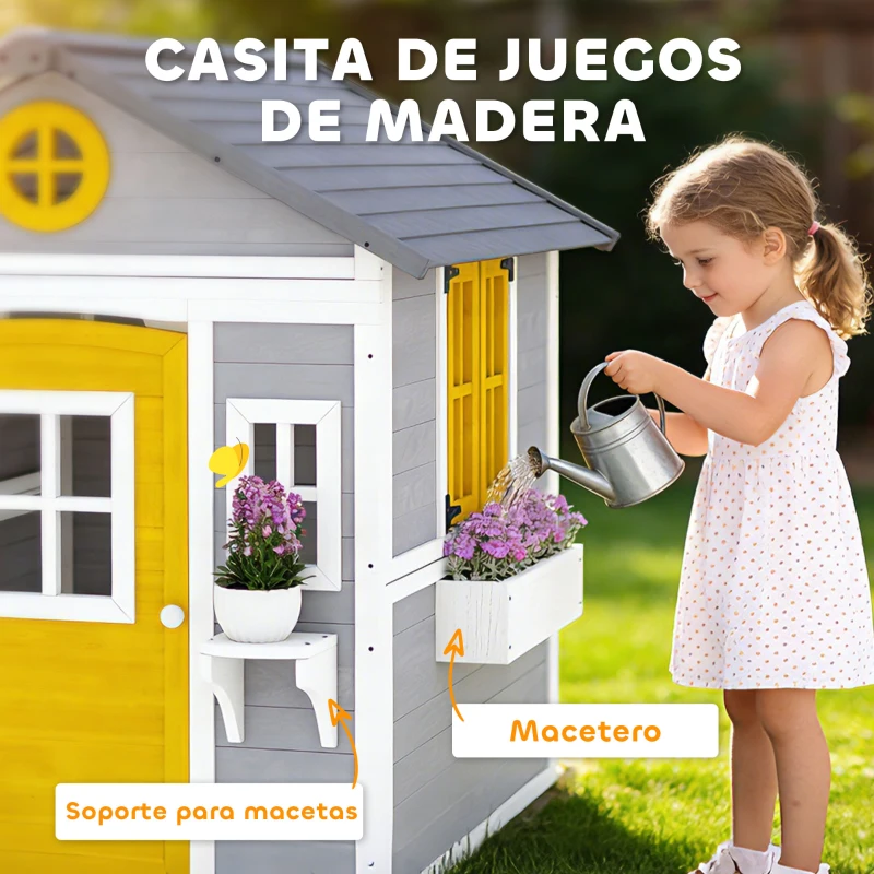 Outsunny Casita Infantil Exterior e Interior de Madera con Puerta Ventanas Jardineras y Soportes de Flores Gris