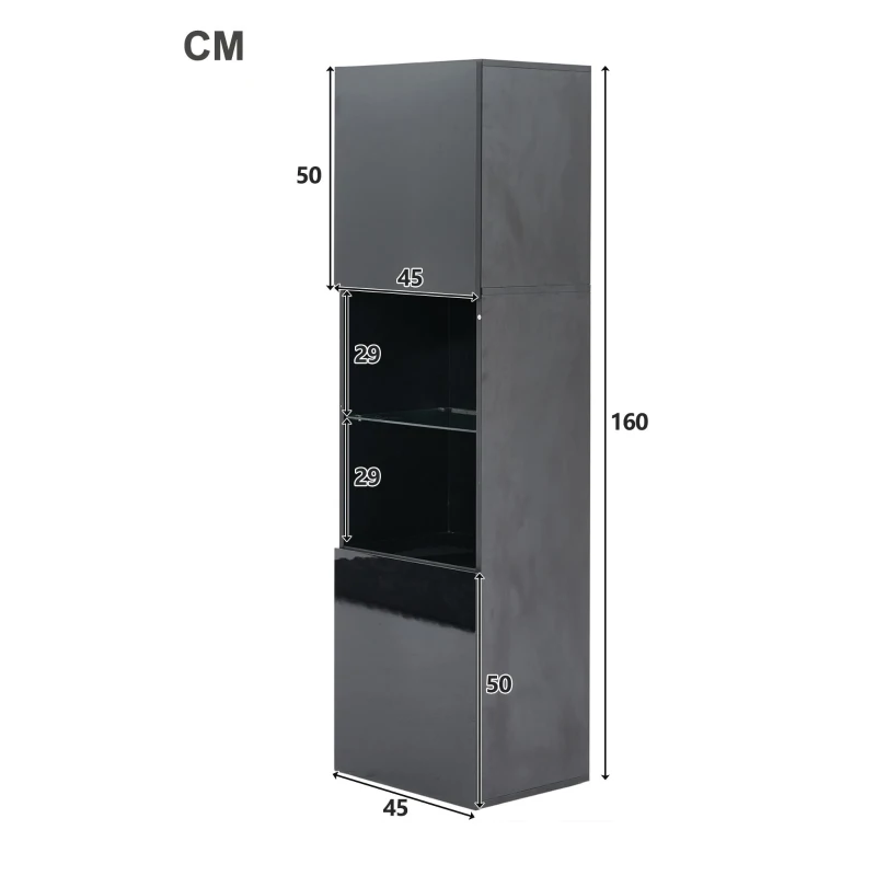 Vetrina per collezione con illuminazione LED e ripiano in vetro, 45x35x160 cm, Nero