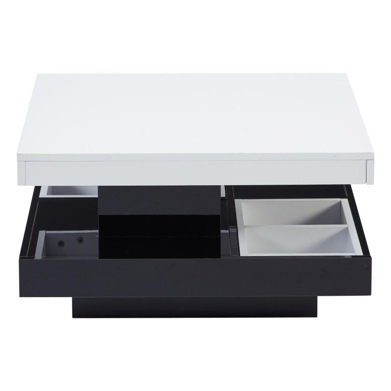 Tavolino da caffè lucido e girevole a 2 livelli con ripiano portaoggetti, 70x70x36 cm, Bianco e Nero