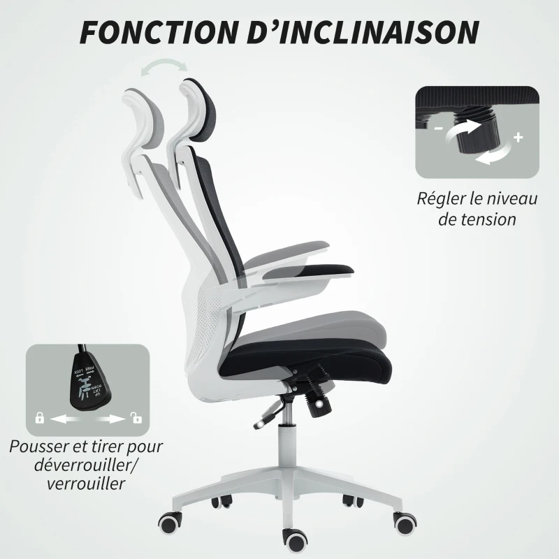 HOMCOM Chaise bureau ergonomique, fauteuil de bureau, accoudoirs relevables, soutien lombaire, appui-tête, 60x63x120cm, noir