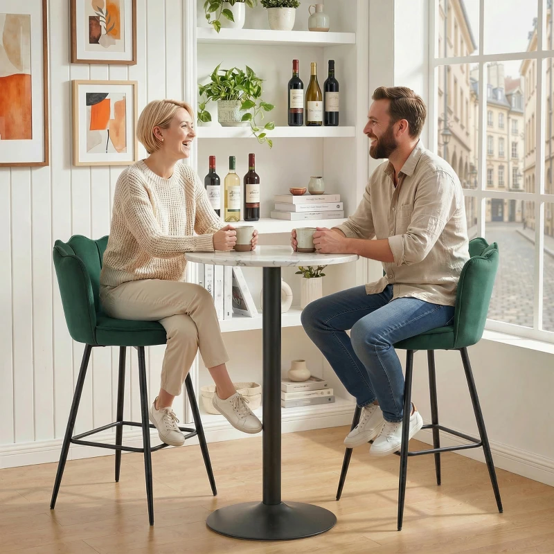 HOMCOM Set of Two Velvet-Feel Lotus Bar Stools - Dark Green