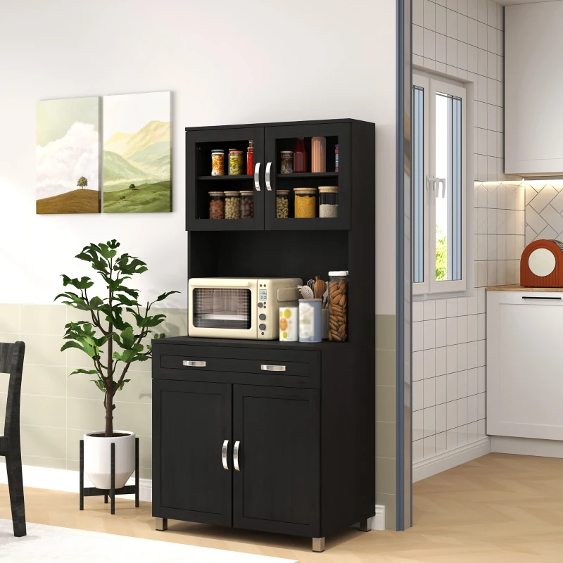 HOMCOM Buffet haut cuisine, armoire de cuisine avec 4 portes, tiroir, plan de travail, étagères réglables, 80x48x170cm, noir