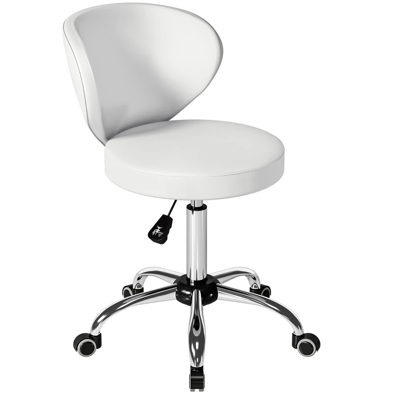 HOMCOM Taburete con ruedas, taburete de masaje en PU con altura regulable 73-88 cm y respaldo, giratorio 360°, blanco