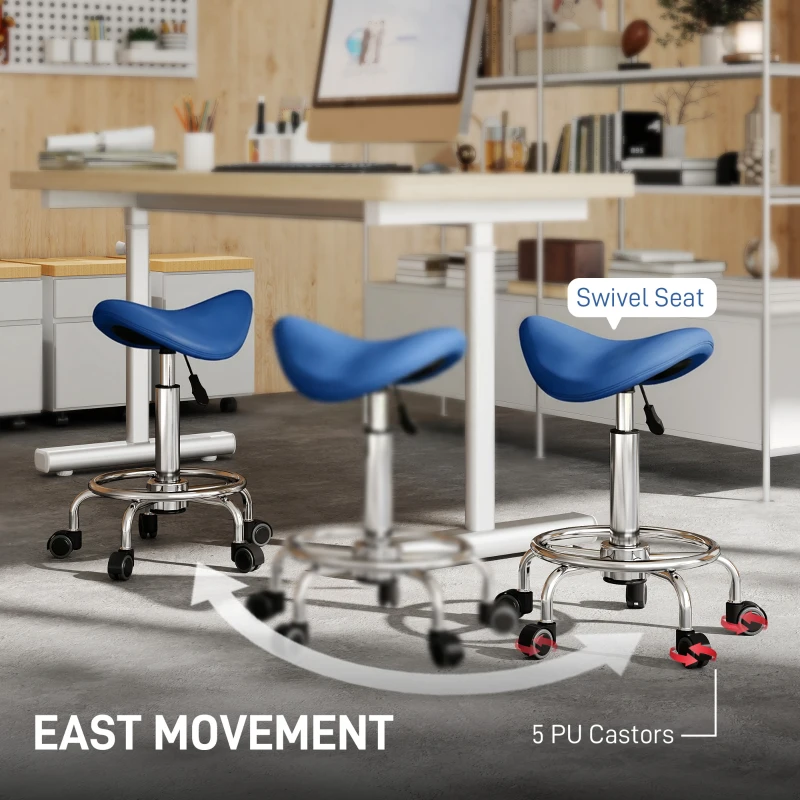 HOMCOM Salon Saddle Stool, Rolling Saddle Chair for Massage, Spa, Clinic, Beauty, Hairdressing and Tattoo, Blue