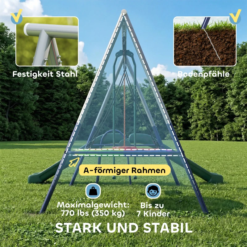 AIYAPLAY 5 in 1 Schaukelgestell mit Rutsche höhenverstellbar Schaukelgerüst mit Nestschaukel 382x196 x203 cm Mehrfarbig