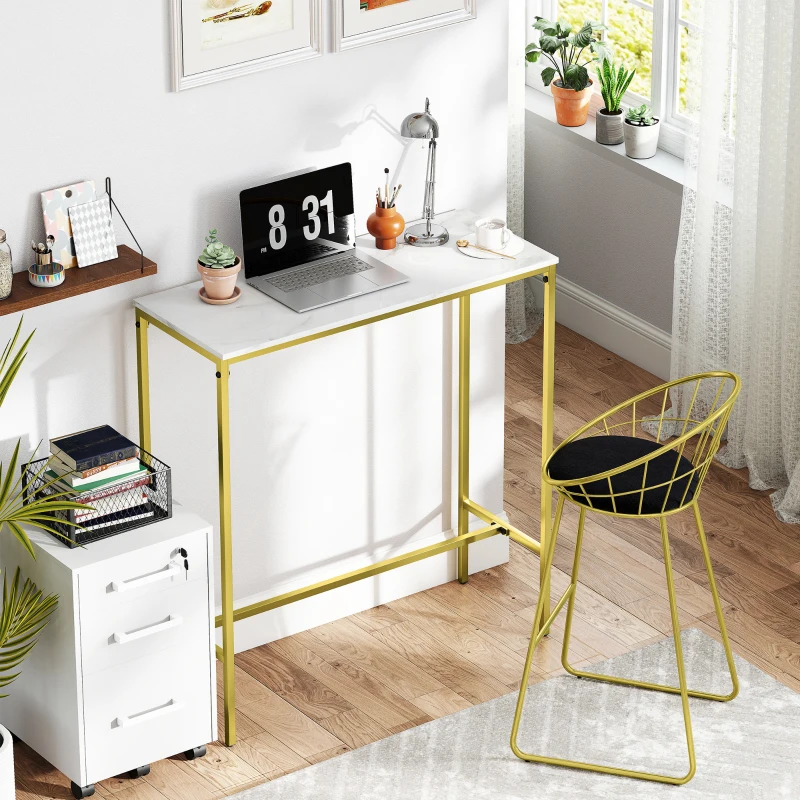 HOMCOM Table de bar rectangulaire avec plateau aspect effet marbre et cadre en acier, 100 x 40 x 107 cm, doré