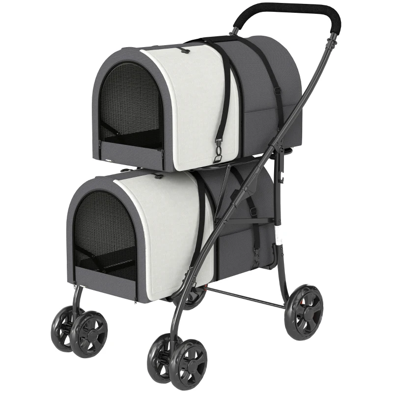 PawHut Carrito Doble para Perros Gatos Plegable con 2 Transportines Extraíbles con Cinturón y Cojines 66x50x98cm Gris Oscuro