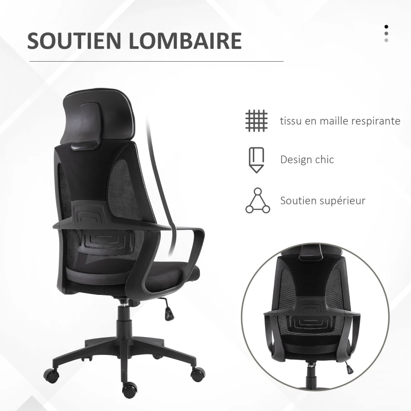 Vinsetto Chaise bureau ergonomique, fauteuil de bureau en maille, appui-tête, hauteur réglable, 64 x 55 x 116-126 cm, noir