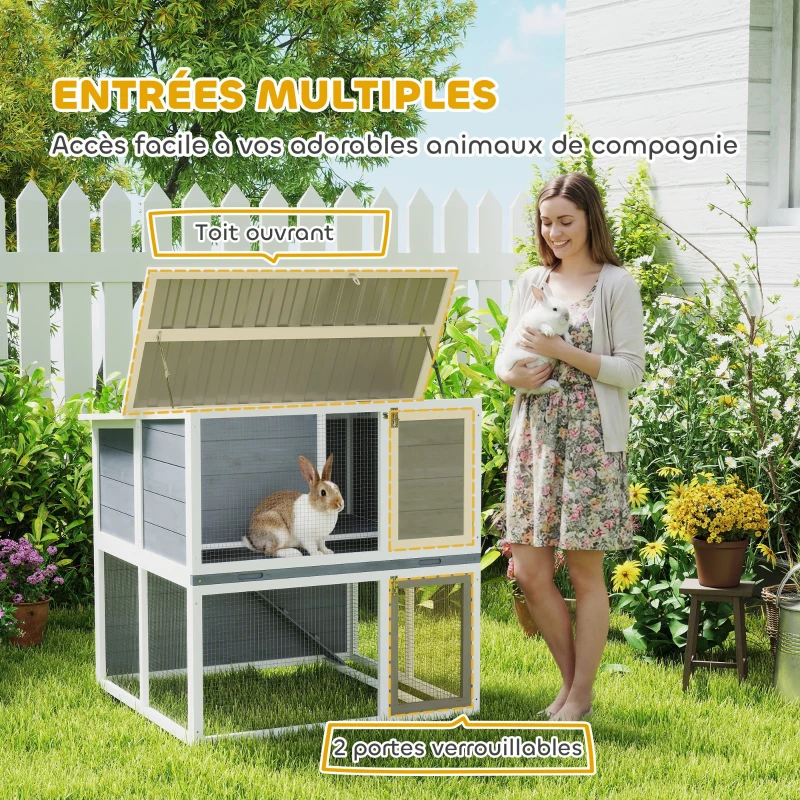 PawHut Clapier lapin extérieur cage à lapin 2 étages spacieux toit double ouverture plateau amovible 98x95x102,5cm gris