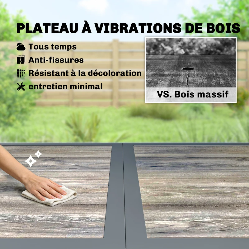 Outsunny Table de jardin pour 4 à 6 personnes, table à manger extérieure avec plateau à effet bois, 140 x 80 x 72 cm, gris foncé