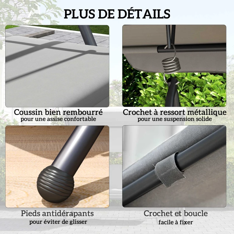 Outsunny Balancelle de Jardin Convertible 3 Places Inclinaison Toit réglable Matelas 2 x 1,25 x 1,7 m métal Polyester Gris clair