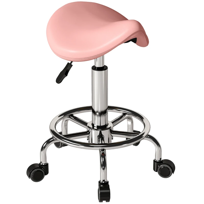 HOMCOM Salon Saddle Stool, Rolling Saddle Chair for Massage, Spa, Clinic, Beauty, Hairdressing and Tattoo, Pink