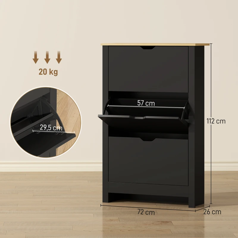 HOMCOM Armoire à Chaussures 3 Portes abattantes 2 Compartiments Panneaux Particules noir chêne