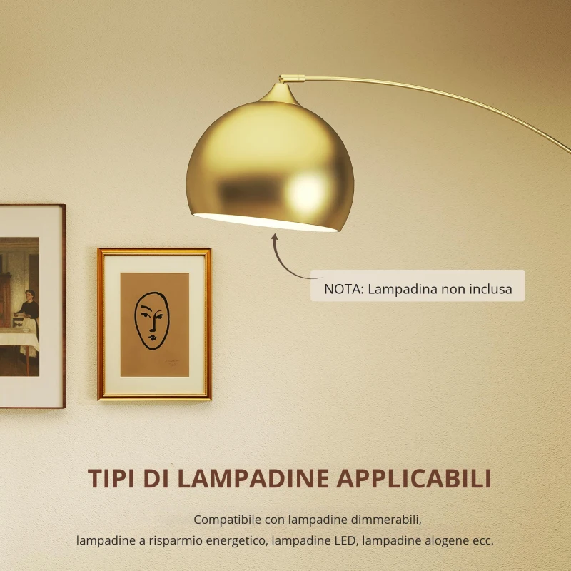 HOMCOM Lampada da Terra in stile vintage con sostegno ad arco regolabile, base in marmo, 40W E27 dim. 100-115L x 30l x 170-180H cm, Oro