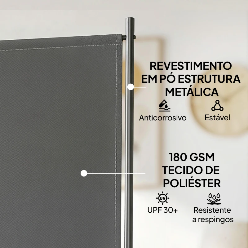 Outsunny Biombo Dobrável de 3 Painéis, 260x180 cm, Biombo Separador de Ambientes com Estrutura Metálica UPF 30+, Cinzento-Escuro
