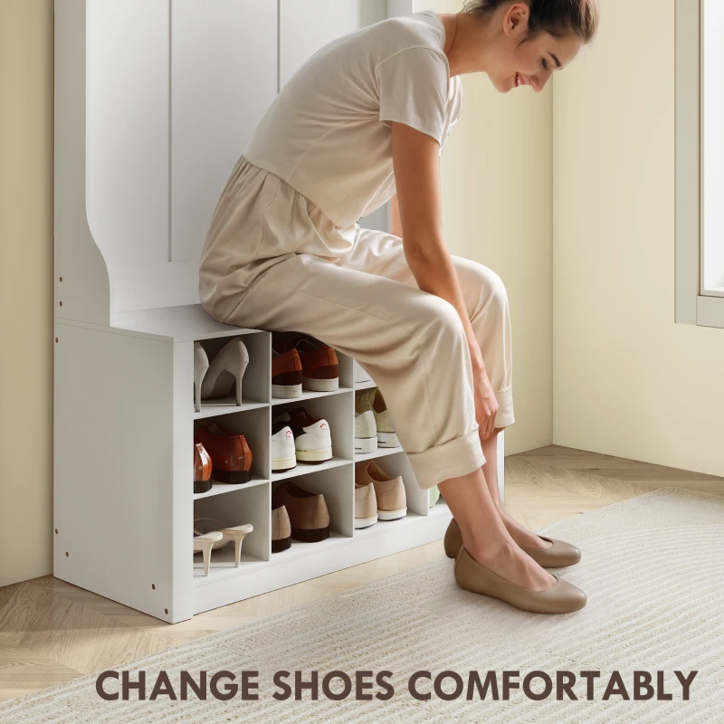 HOMCOM Garderoba z półką, ławką, haczykami, przegródkami na buty, płyta wiórowa, MDF, biały