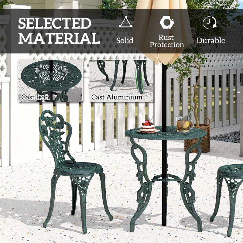Outsunny 3-Piece Outdoor Garden Bistro Set, Cast Aluminium Antique Floral Print Coffee Table and Two Single Seat with Umbrella Hole, Green