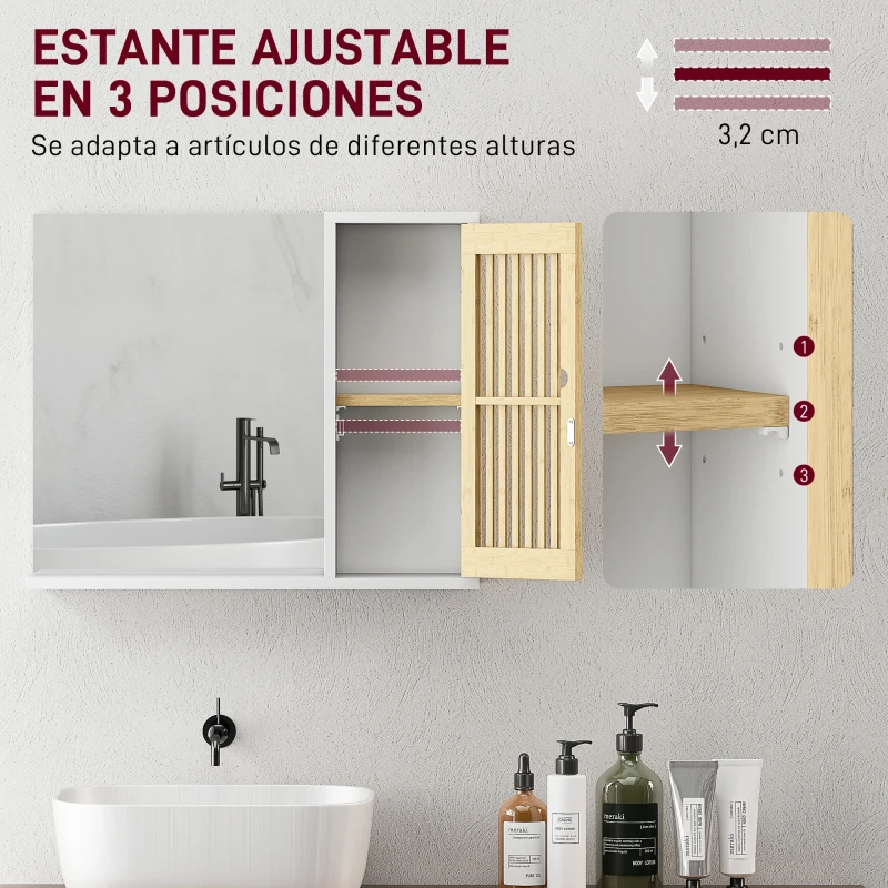 HOMCOM Espejo de Baño 60x50 cm Espejo de Pared con Puerta de Listones de Bambú Estantes de Almacenaje Blanco y Natural