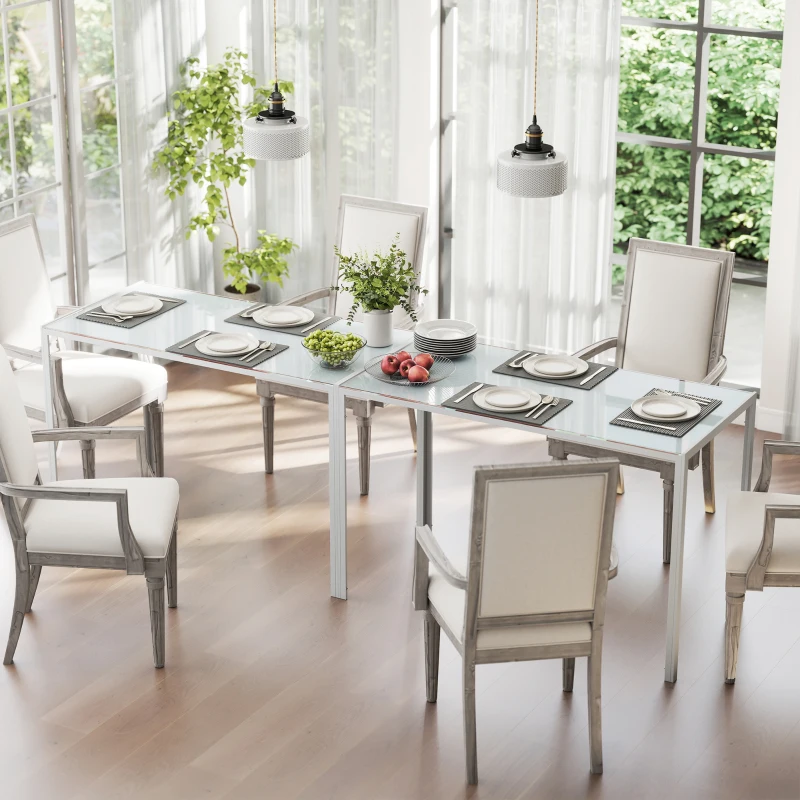 HOMCOM Table à manger pour 4 personnes, table de cuisine avec plateau en verre trempé et pieds en métal, 120x60x75cm, blanc