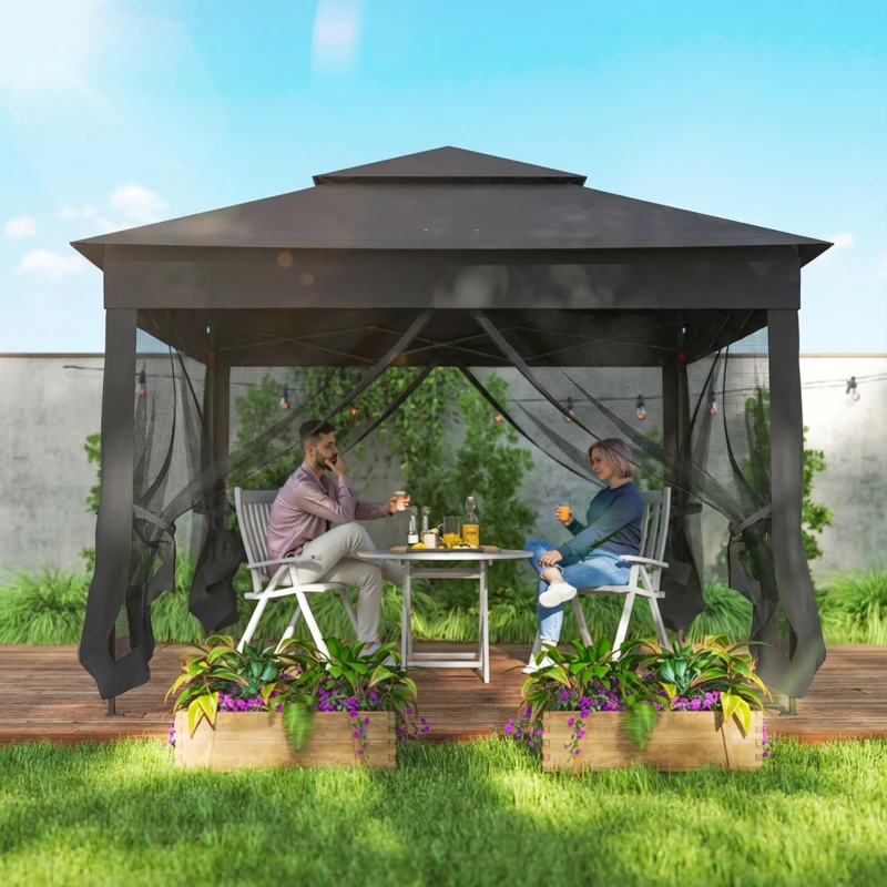 Outsunny 3 x 3(m) Pop Up Gazebo, Double-roof Garden Tent with Netting and Carry Bag, Party Event Shelter, Black